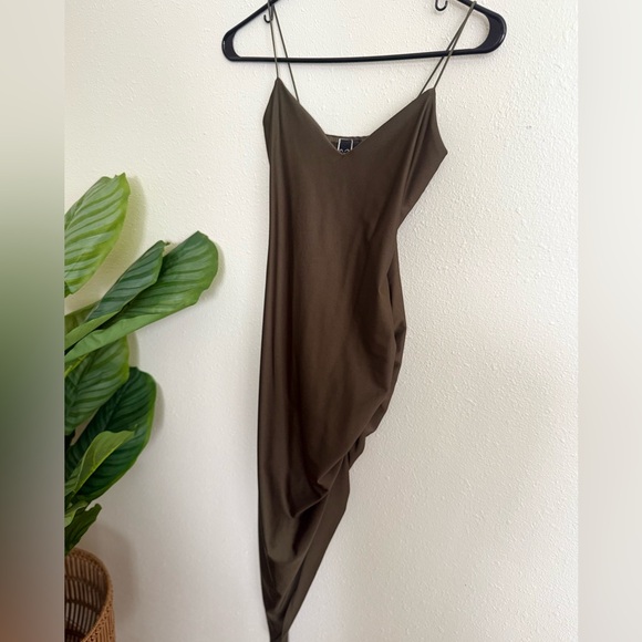 Elegant Olive Green Satin Asymmetrical Hem Dress - Picture 3 of 5